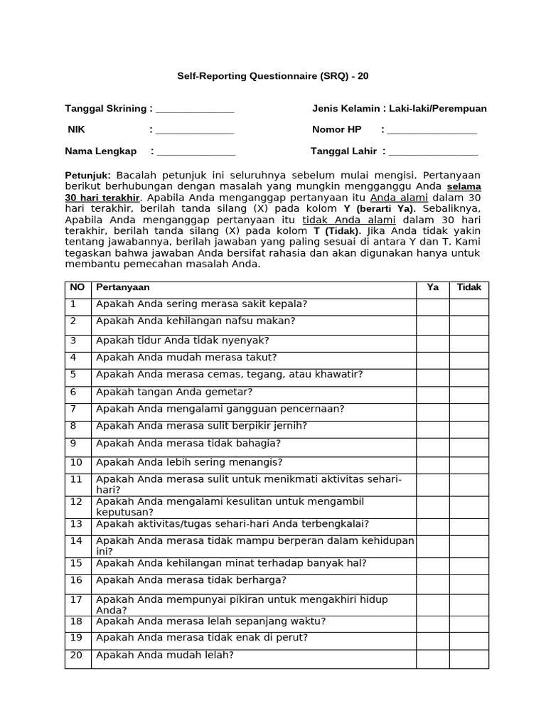 Kuesioner SRQ-20 untuk Masalah Kesehatan Jiwa | PDF