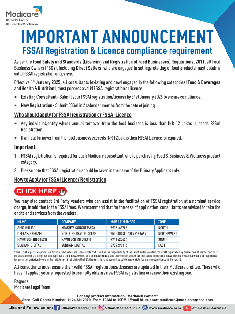 FSSAI Registration Guidelines for Modicare | PDF
