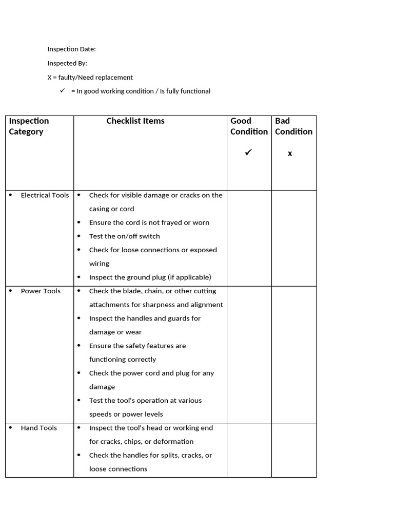 Inspection Checklist | PDF | Personal Protective Equipment | Tools