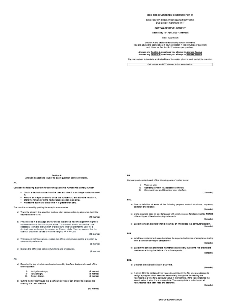 Algorithms in Software Development Exam | PDF | Control Flow | Numbers