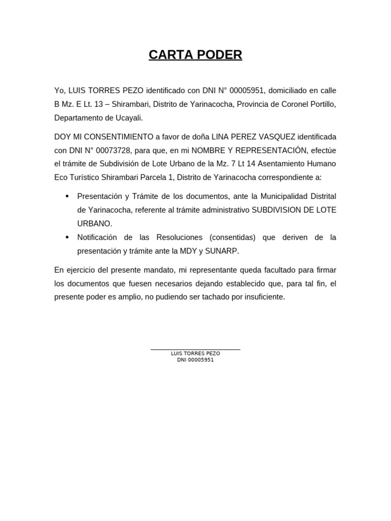 Carta Poder para Subdivisión de Lote Urbano | PDF