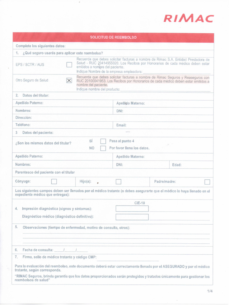 Solicitudes de Reembolso Seguro Rimac001 | PDF