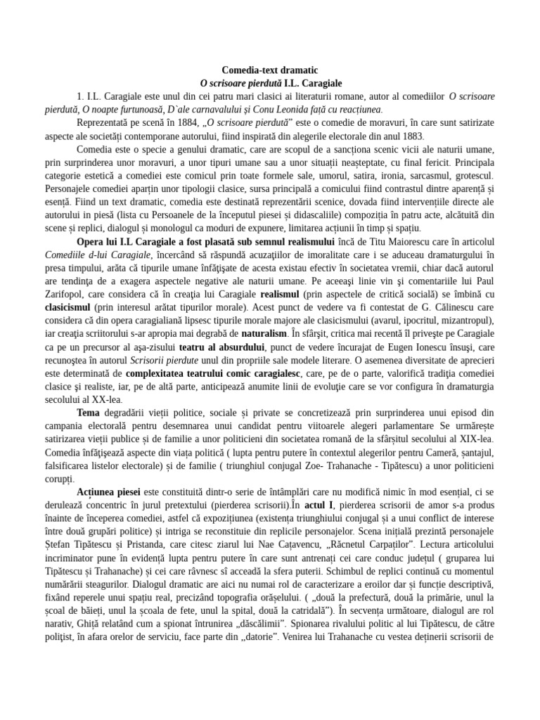 Caragiale - O Scrisoare Pierduta - Text Dramatic 2020 | PDF