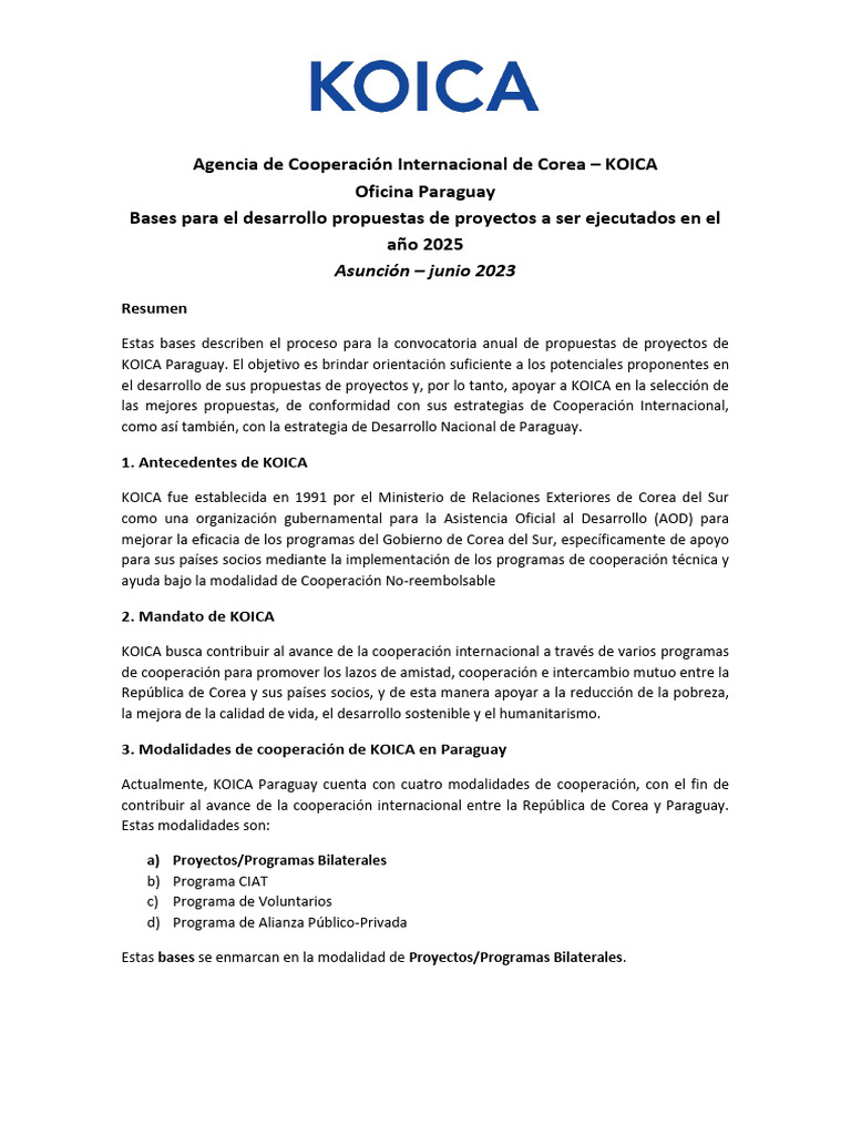Convocatoria Proyectos KOICA 2025 Paraguay | PDF | Paraguay | Presupuesto