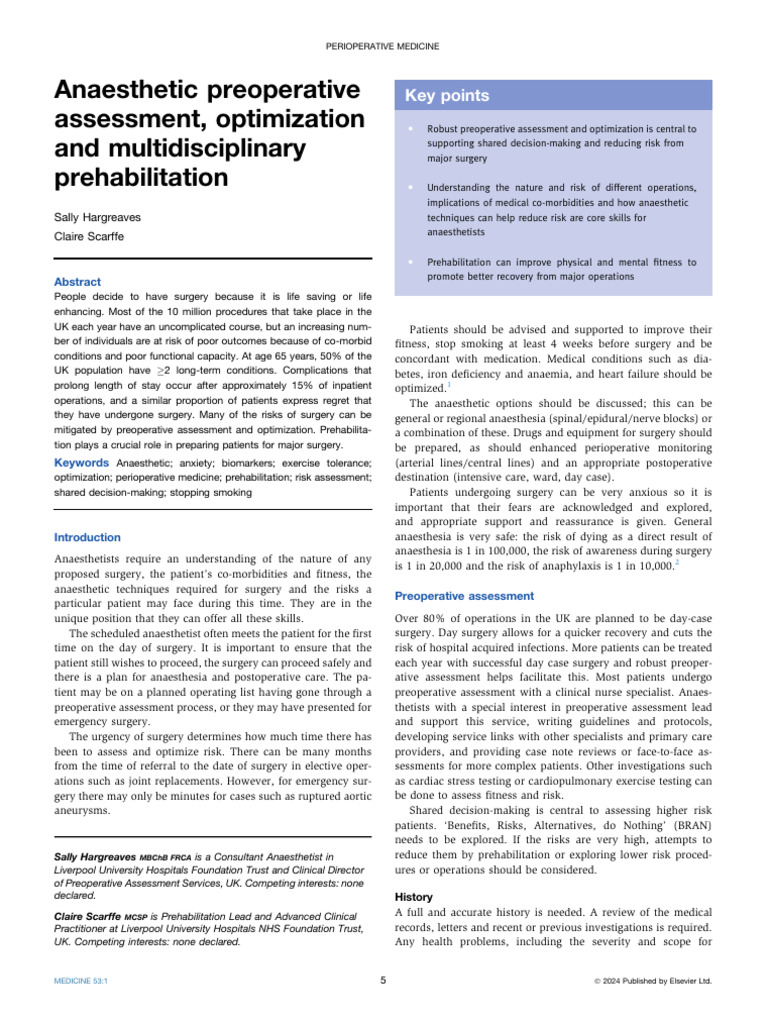 Anaesthetic Preoperative Assessment, Optimization and Multidisciplinary ...