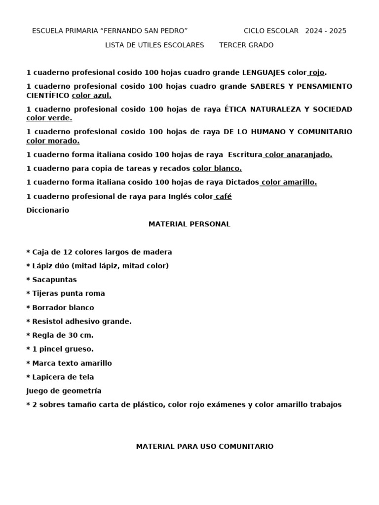 Lista de útiles escolares 3er grado 2024-2025 | PDF