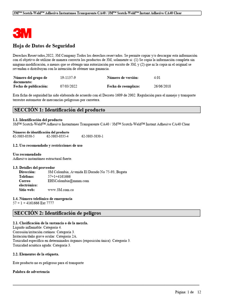 Adhesivo Ca40 | PDF | Mercancías peligrosas | Transporte