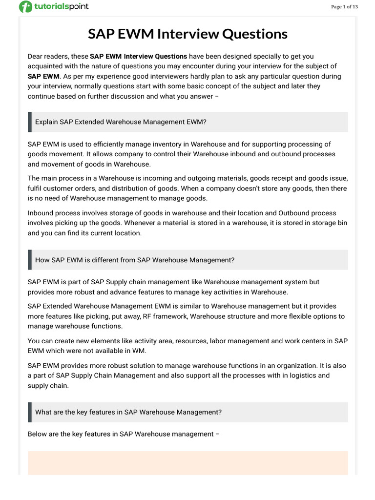 SAP EWM Interview Questions Guide | PDF | Warehouse | Inventory
