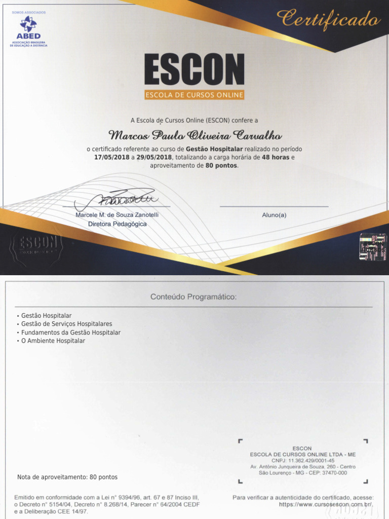 Certificado de Gestão Hospitalar - ESCON | PDF