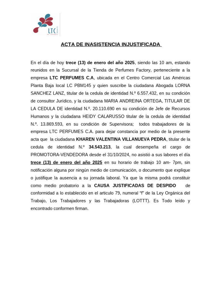 Acta de Inasistencia Laboral 2025 | PDF