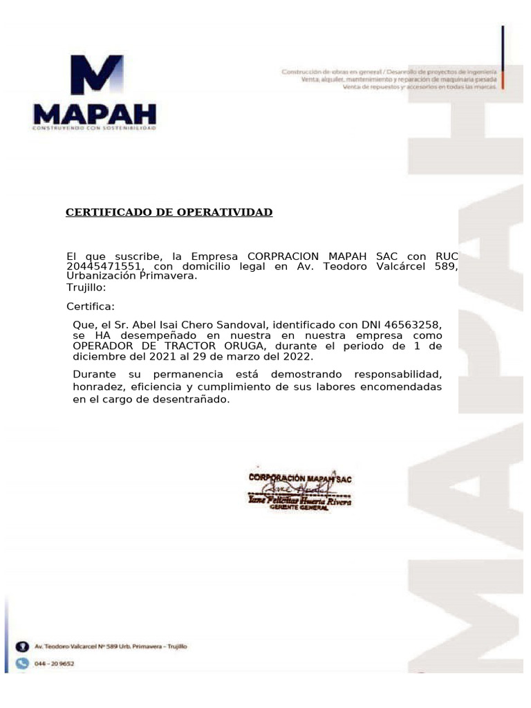 CERTIFICADO DE OPERATIVIDAD | PDF