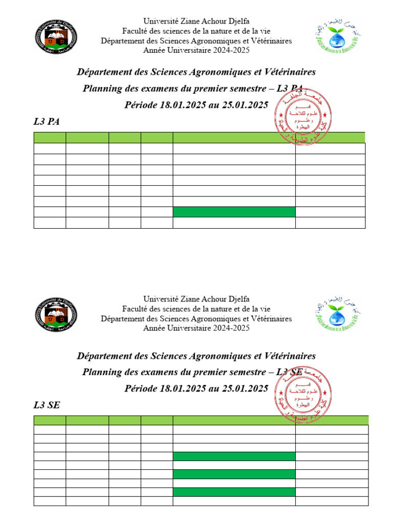 Plannings examens L3 (1) | PDF | Agronomie | Sciences de la terre