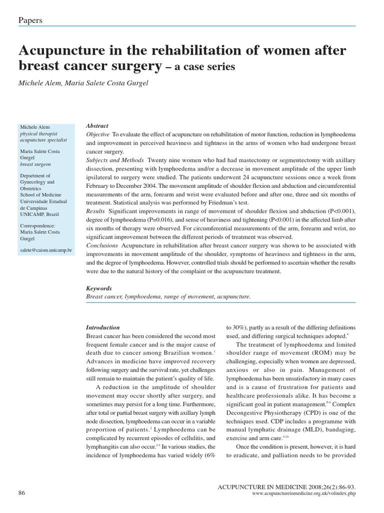 Acupuncture in the rehabilitation of women after breast cancer surgery ...