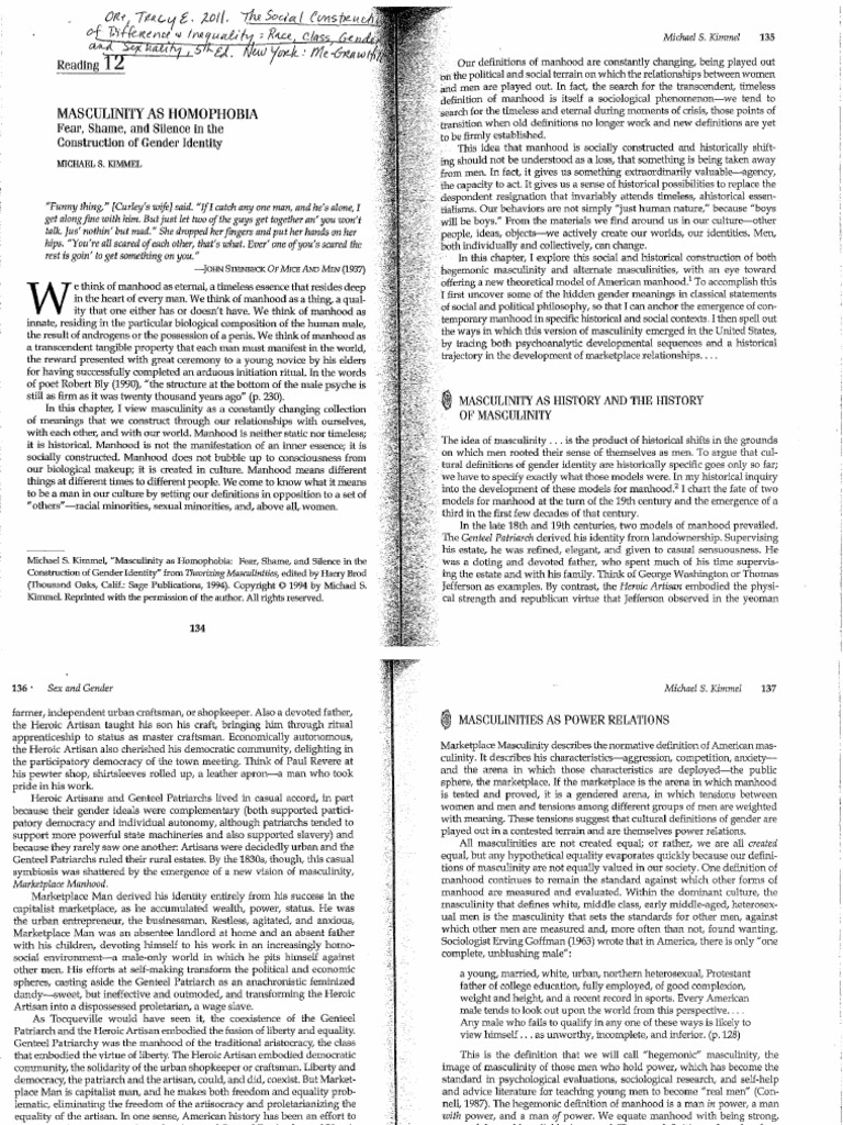 Kimmel-Masculinity As Homophobia | PDF