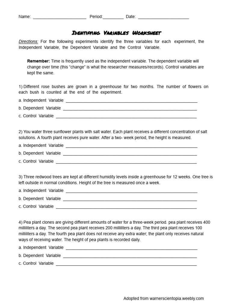 Identifying Variables Worksheet | PDF | Plants | Botany