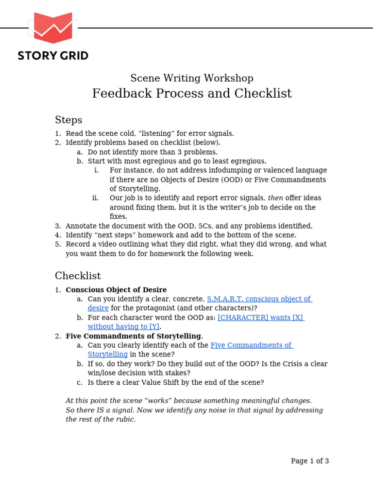 Scene Writing Feedback Checklist | PDF | Verb | Linguistics