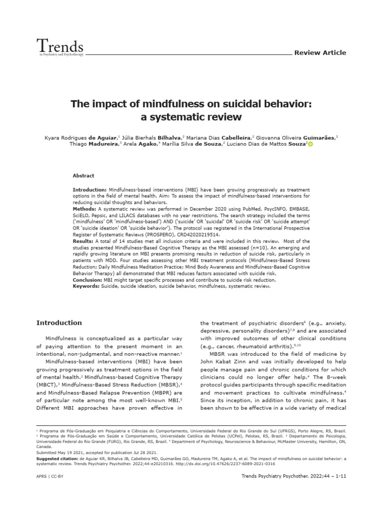 The impact of mindfulness on suicidal behavior | PDF | Major Depressive ...