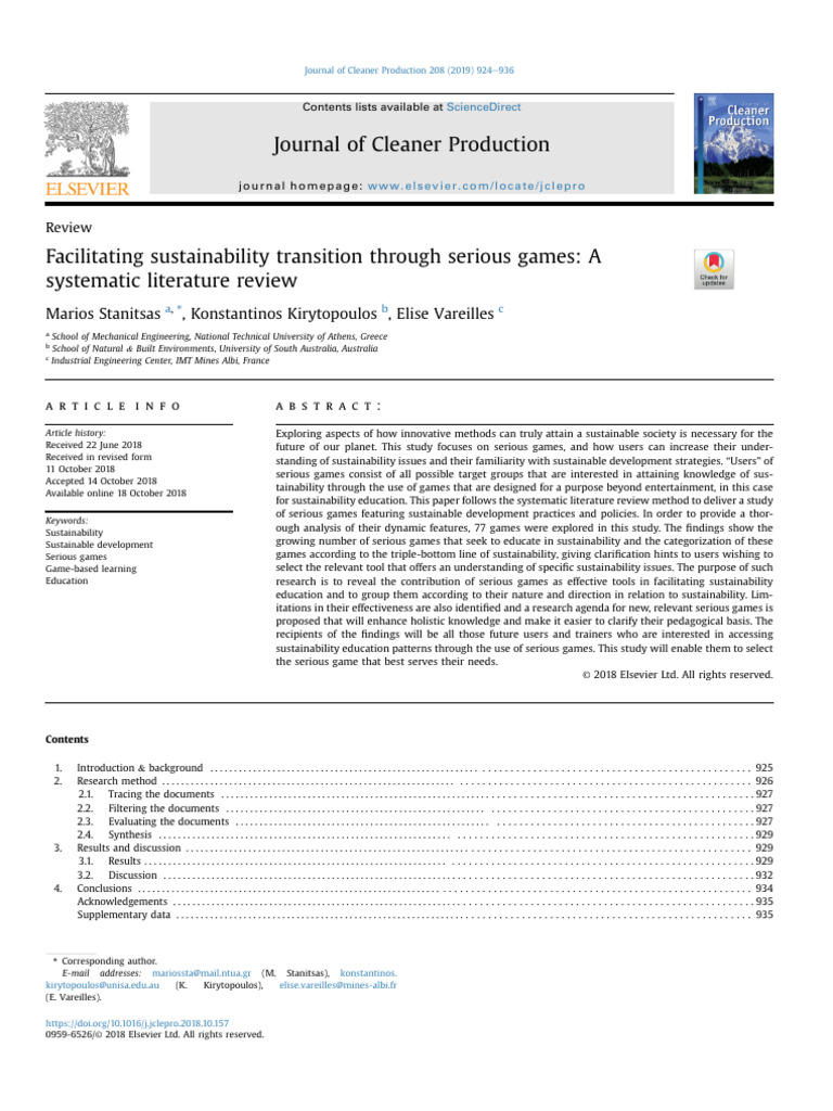Facilitating Sustainability Transition Through Serious Games A | PDF ...