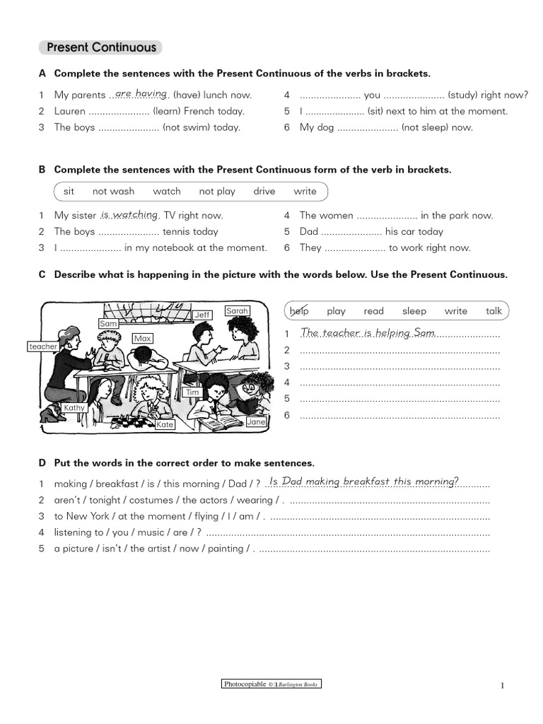 Present Continuous Grammar Exercises | PDF | Linguistics | Grammar