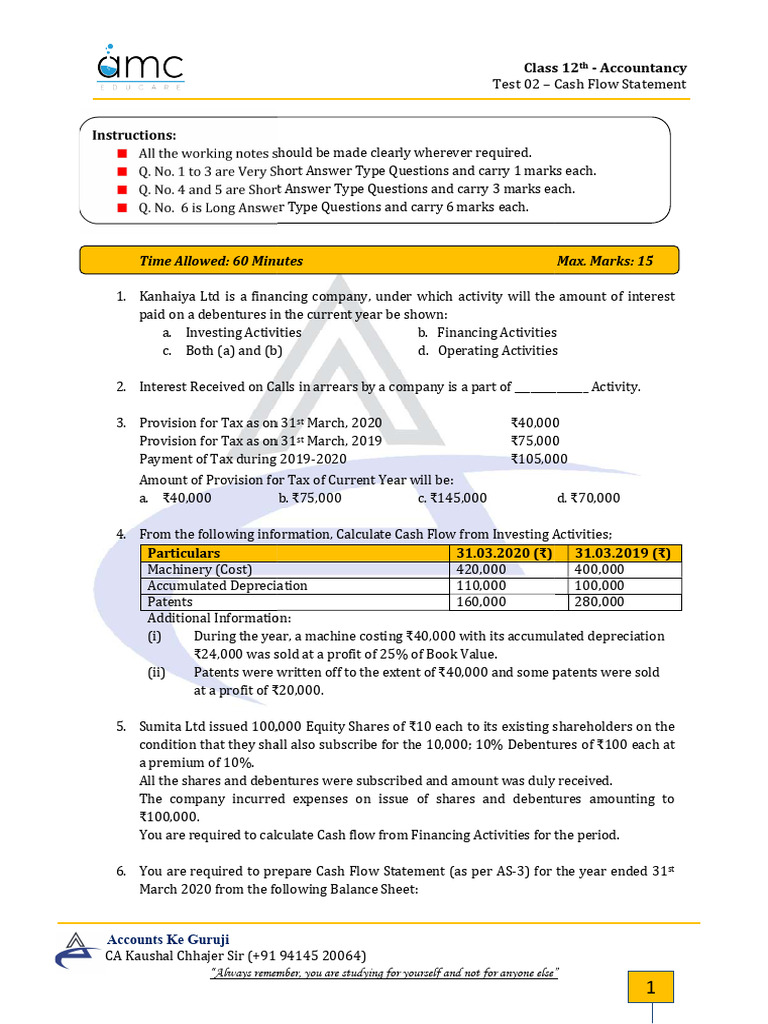 Test of Cash Flow Statement | PDF | Balance Sheet | Book Value