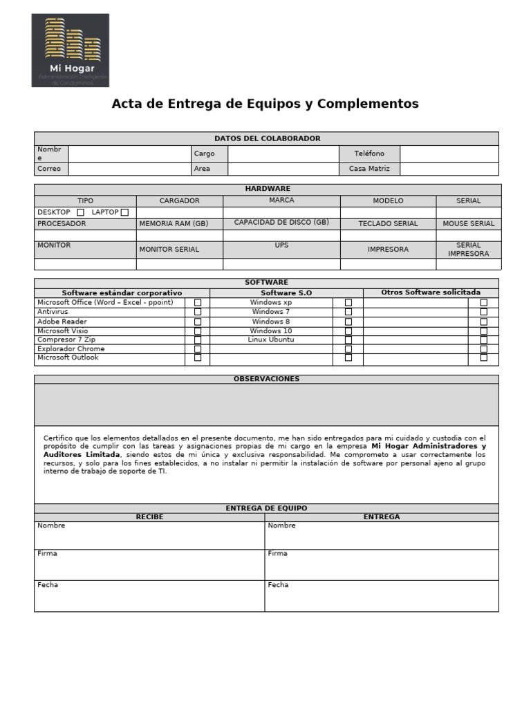 Acta de Entrega de Equipos y Software | PDF | Microsoft | Microsoft Windows