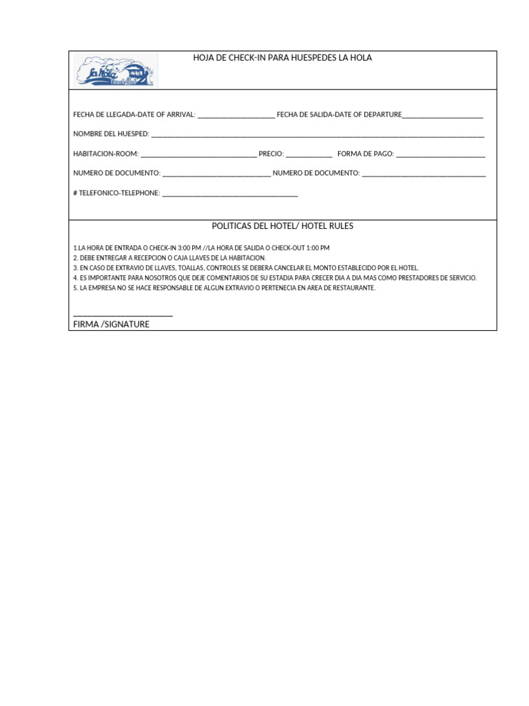 Hoja de Check-in para Huéspedes La Hola | PDF
