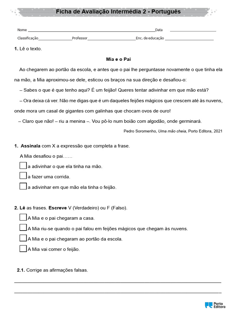 Ficha de Avaliação de Português 2 | PDF | Ortografia | Linguística