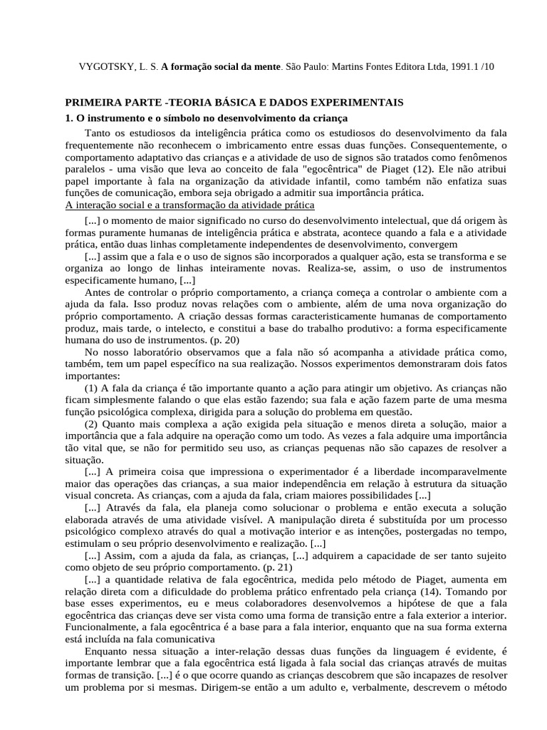 A Formação Social da Mente de Vygotsky | PDF | Aprendizado | Psicologia