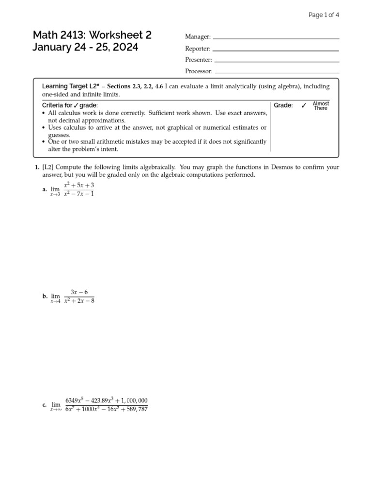 Calculus Limits Worksheet for Math 2413 | PDF | Mathematics ...