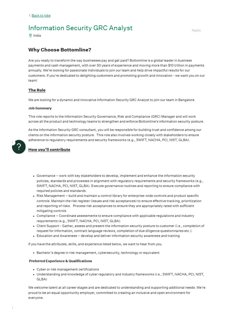 Job Application For Information Security GRC Analyst at Bottomline ...