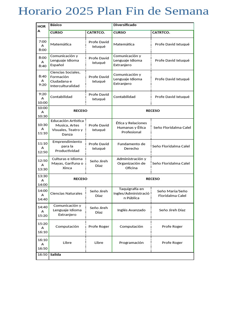 Horario de Clases 2025 Fin de Semana | PDF