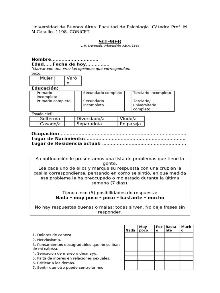 Cuestionario SCL-90-R para Evaluación Psicológica | PDF