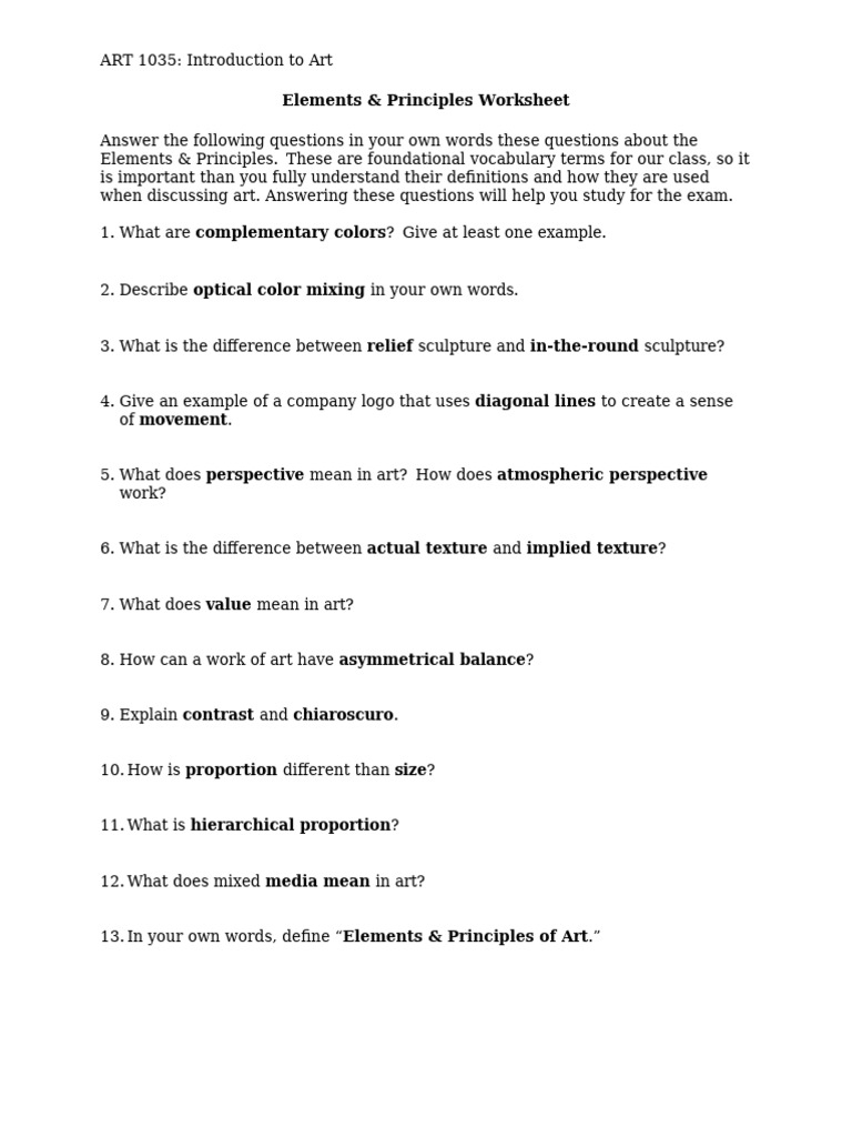 Elements & Principles of Art Worksheet | PDF