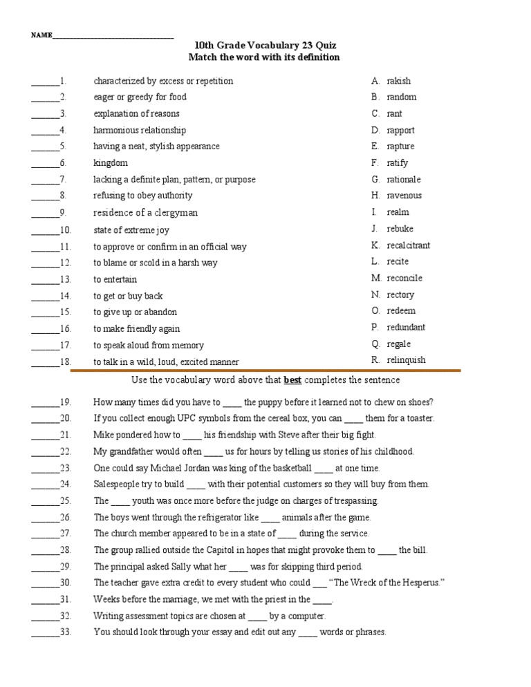 10th Grade Grammar Worksheets