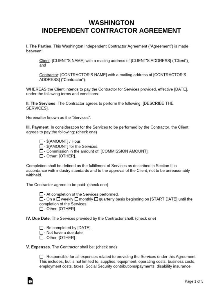 Washington Independent Contractor Agreement | PDF | General Contractor ...