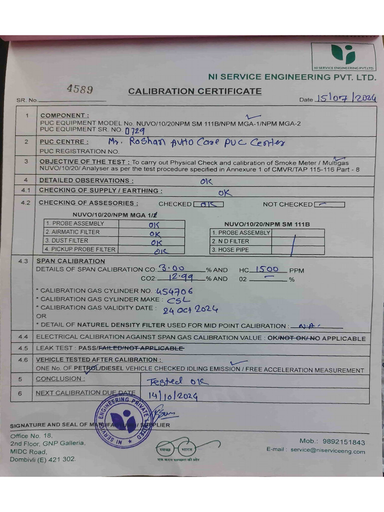 RAC Petrol Calibration Certificate | PDF