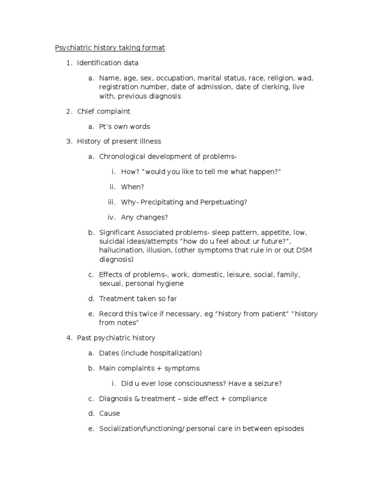 Psychiatric History Taking Format PDF Mania Schizophrenia