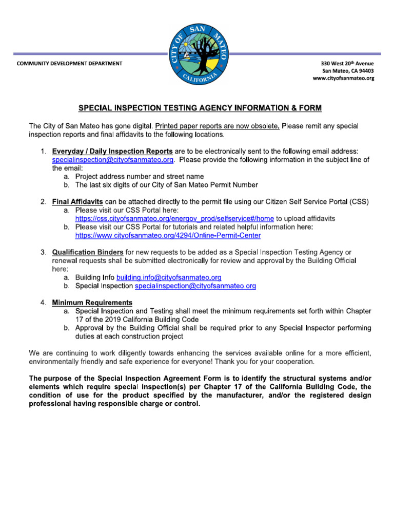 Special Inspection Agreement Form | PDF | Concrete | Prestressed Concrete