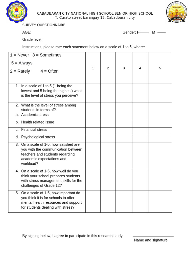 SURVEY QUESTIONNAIRE | PDF | Stress (Biology) | Stress Management