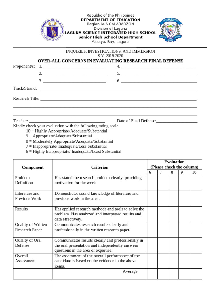 Research Final Defense Evaluation Form | PDF | Evaluation | Teachers
