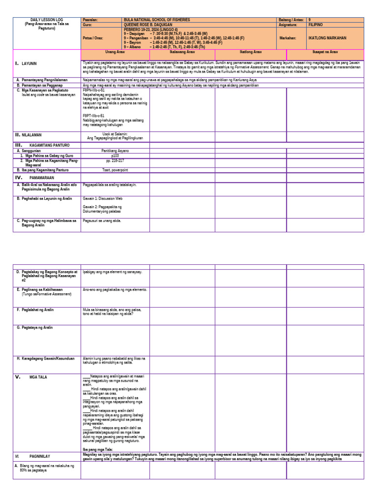 Filipino 9 Quarter 3 W4 DLL 1 Day | PDF