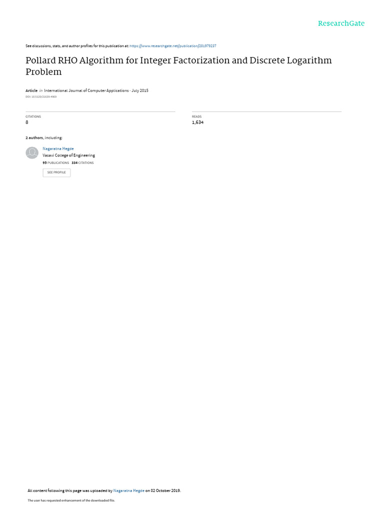 Pollard_RHO_Algorithm_for_Integer_Factorization_an | PDF | Key ...