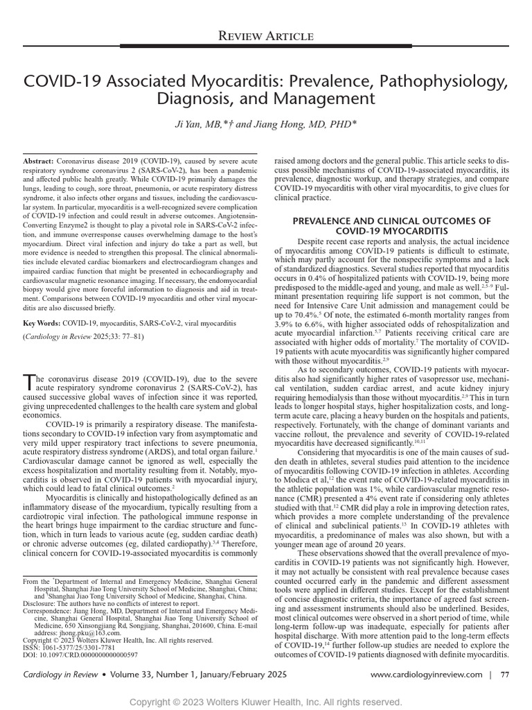 COVID-19 Associated Myocarditis Prevalence, Pathophysiology, Diagnosis ...