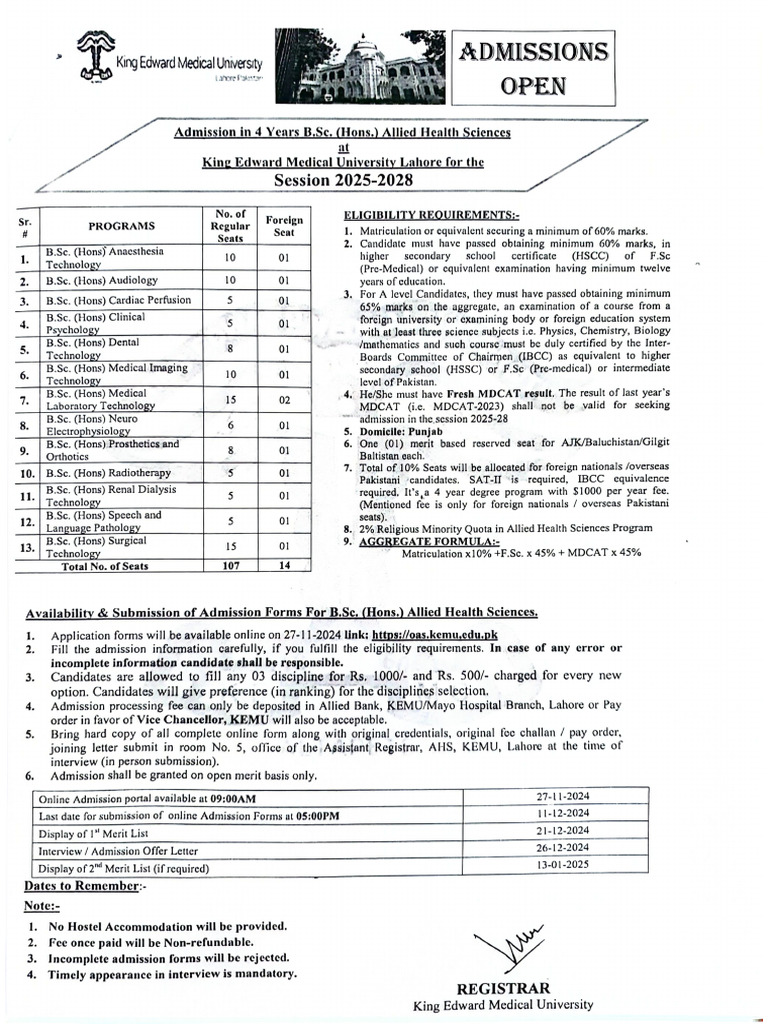 Admission Notice For B.sc. (Hons) Allied Health Sciences Programs ...