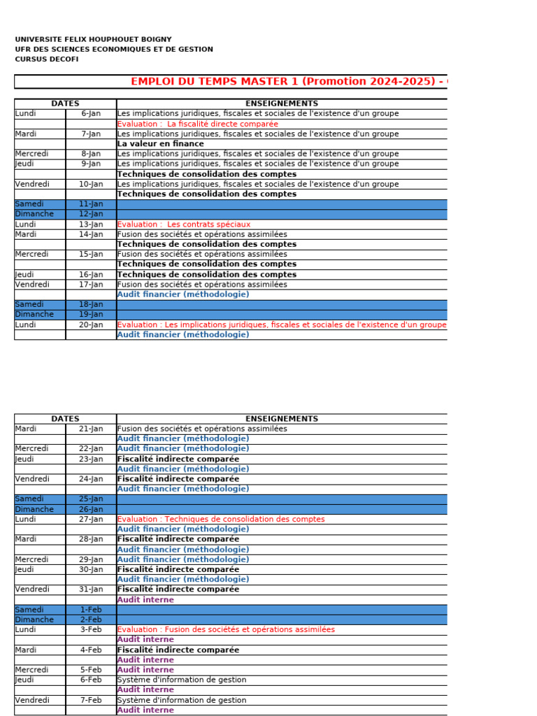 Emploi du temps Master 1 2024-2025 | PDF | Audit | Management du ...