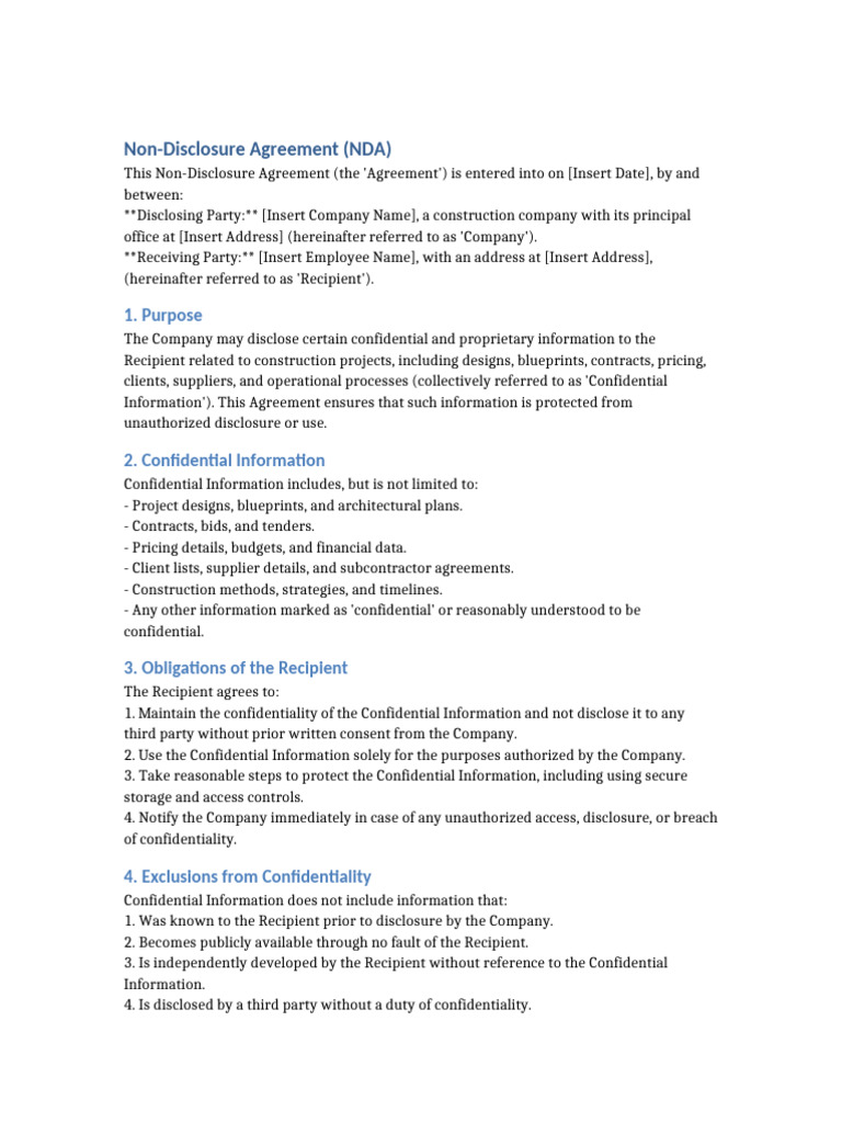 Construction NDA Agreement Template | PDF | Non Disclosure Agreement ...