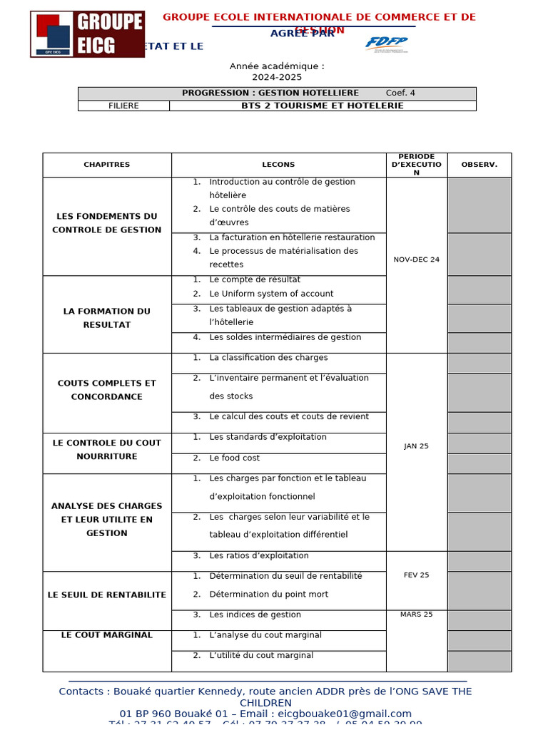 Programme de Contrôle de Gestion Hôtelière | PDF | Économie d ...