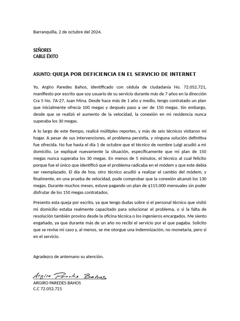 Queja por mal servicio de internet en Barranquilla | PDF