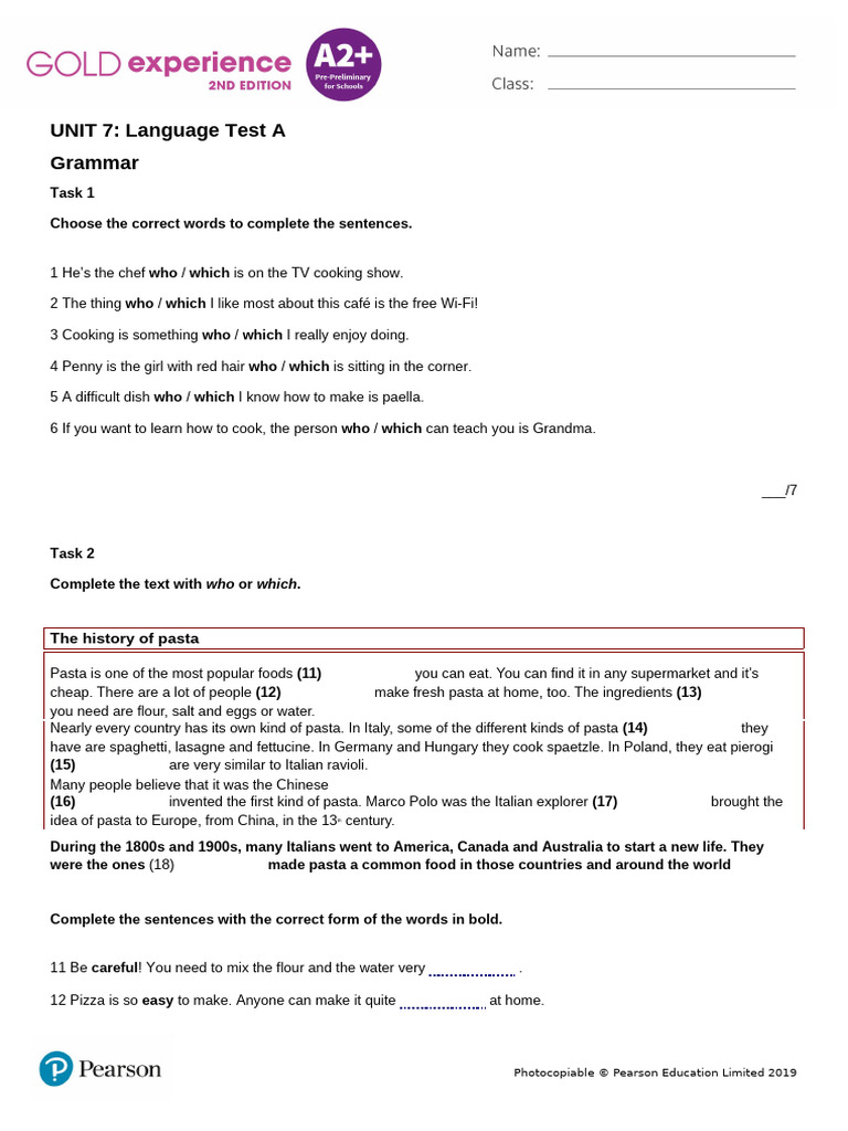 Grammar & Vocabulary Test | PDF | Pasta | Food And Drink