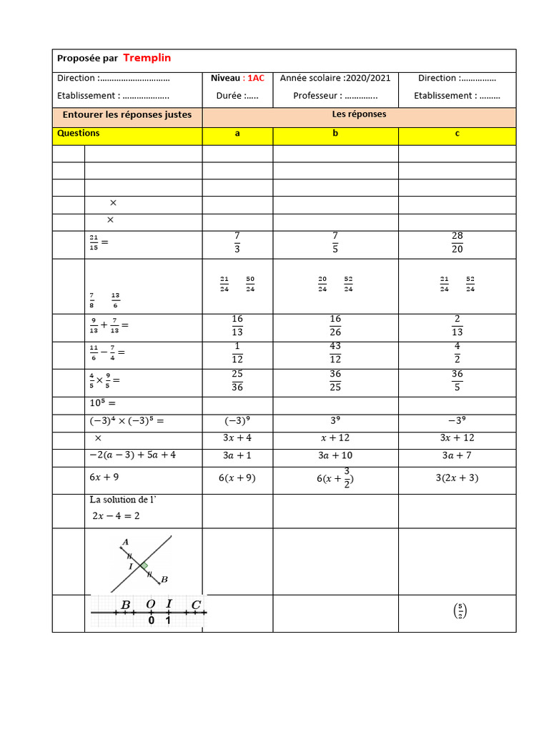 Test Diagnostique Math 2AC 2020/2021 | PDF